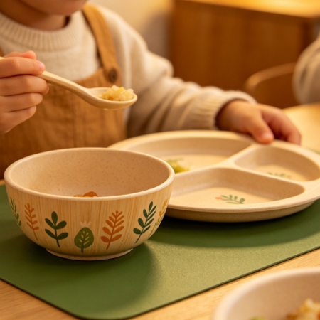 Natural Wood Wheat Fiber Children's Dining Plate Set