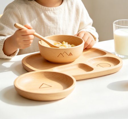 Minimalist Wooden Geometric Baby Food Bowl and Plate Set